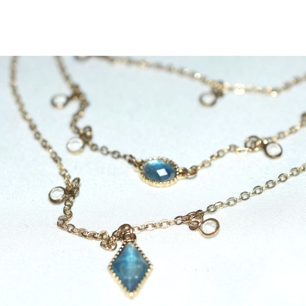 Vintage Layered Blue Beveled /Clear Crystal Accents Gold Tone Link 24" Necklace